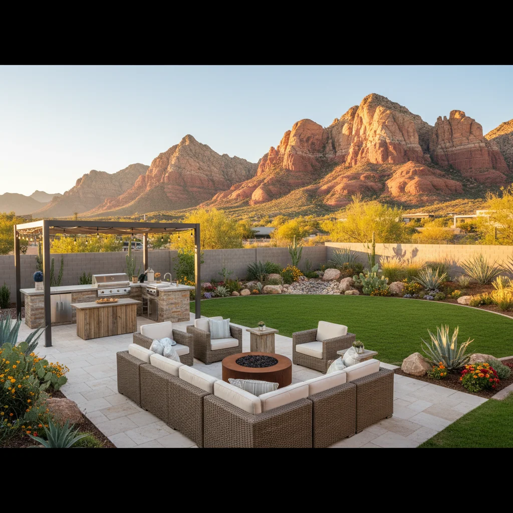 Beautiful residential landscaping project showcasing Custom 5 Landscape's professional work in St. George, Utah with desert-adapted plants and hardscaping