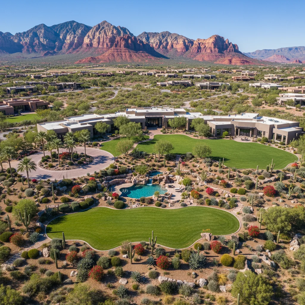 Custom built outdoor living space with professional landscaping in St. George, Utah featuring native plants and sustainable design by Custom 5 Landscape