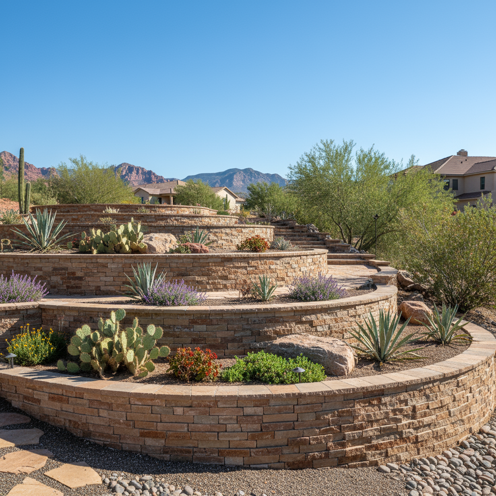 Retaining Walls for Hardscape Construction in St. George, Utah - professional installation showing retaining walls in Southern Utah desert landscape