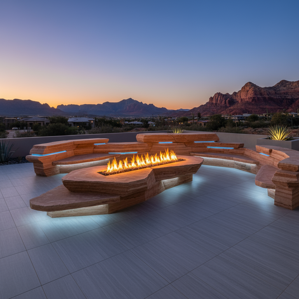 Custom Design for Outdoor Fireplaces & Fire Pits in St. George, Utah - professional installation showing custom design in Southern Utah desert landscape