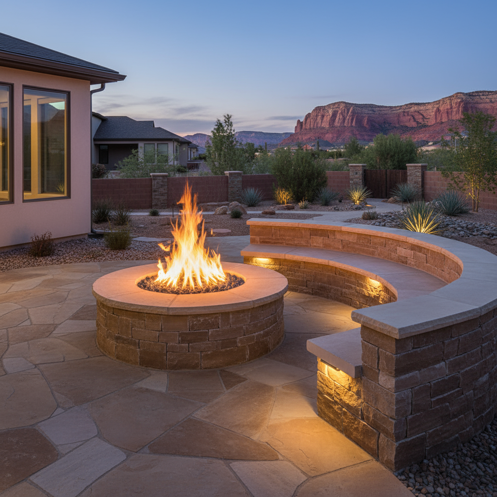 Gas and Wood Fire Pits for Outdoor Fireplaces & Fire Pits in St. George, Utah - professional installation showing gas and wood fire pits in Southern Utah desert landscape