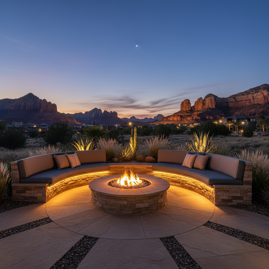 Lighting and Seating Integration for Outdoor Fireplaces & Fire Pits in St. George, Utah - professional installation showing lighting and seating integration in Southern Utah desert landscape