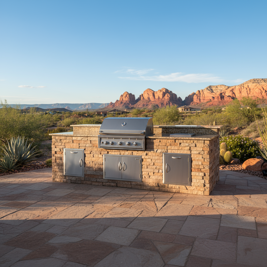 Stone Veneer Application for Outdoor Kitchens and Fireplaces in St. George, Utah - professional installation showing stone veneer application in Southern Utah desert landscape