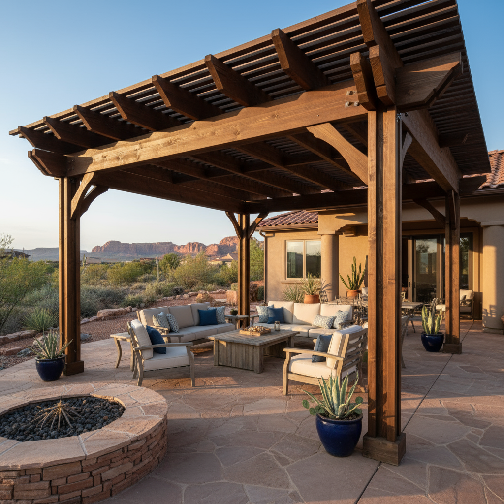 Custom Pergola Design for Pergolas & Awnings in St. George, Utah - professional installation showing custom pergola design in Southern Utah desert landscape