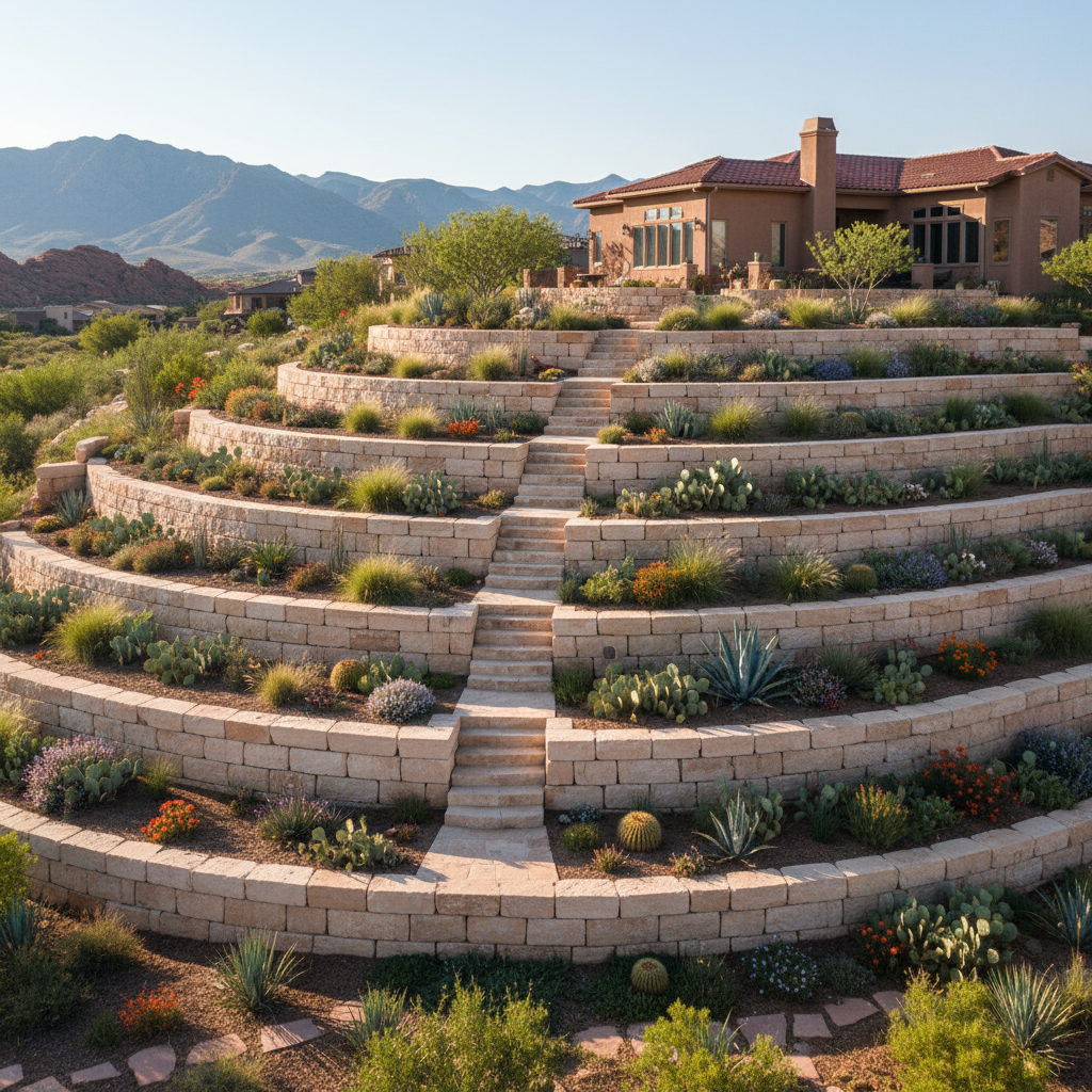 Terracing and Levels for Retaining Walls in St. George, Utah - professional installation showing terracing and levels in Southern Utah desert landscape